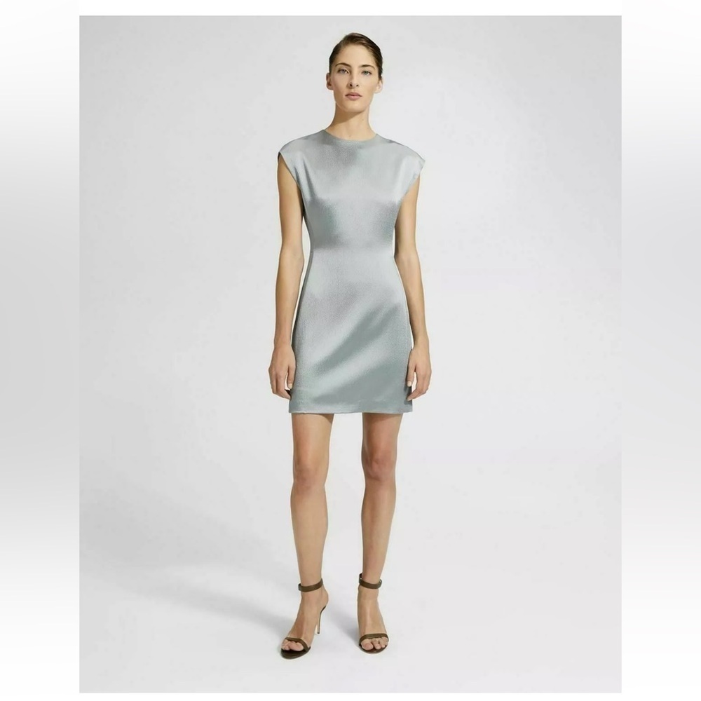 Theory Gray Silver Cap sleeve wool blend satin shift dress size 10
